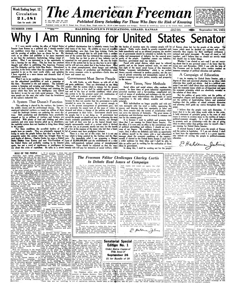 (image for) The American Freeman, Number 1869, Sept. 26, 1931 - Click Image to Close